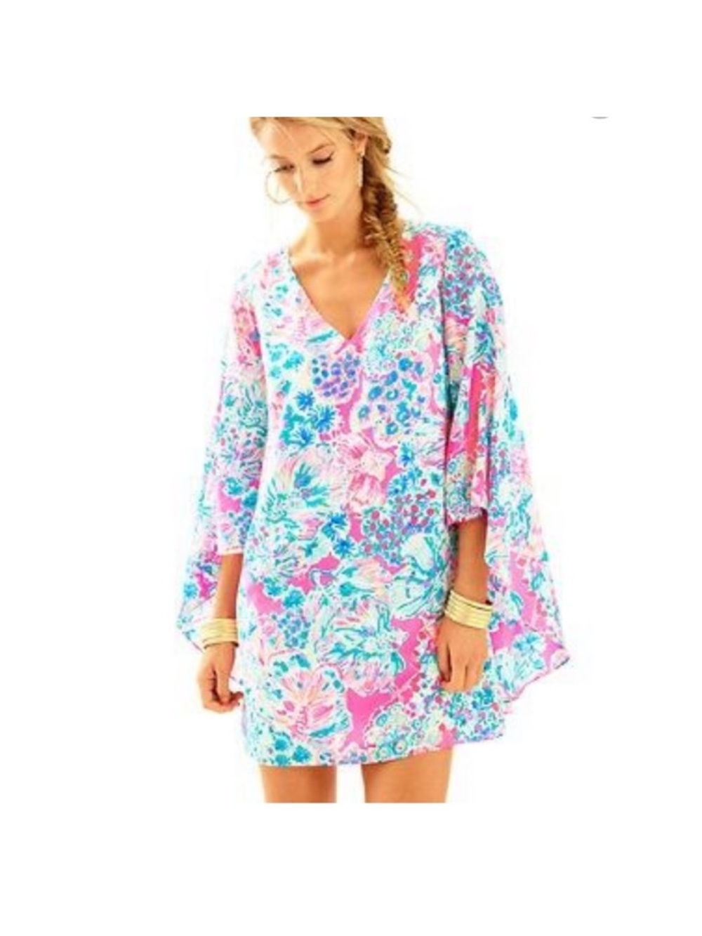 Lilly Pulitzer Pink and Turquoise Floral V-Neck Mini Dress